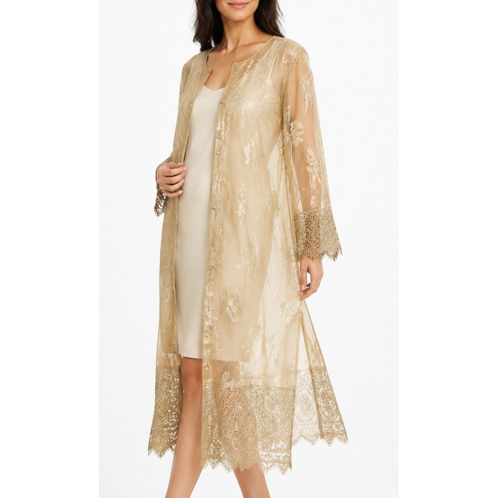 Sue Wong Womens Sheer Kimono Gold Size M Embroidered Lace Metallic Formal Duster